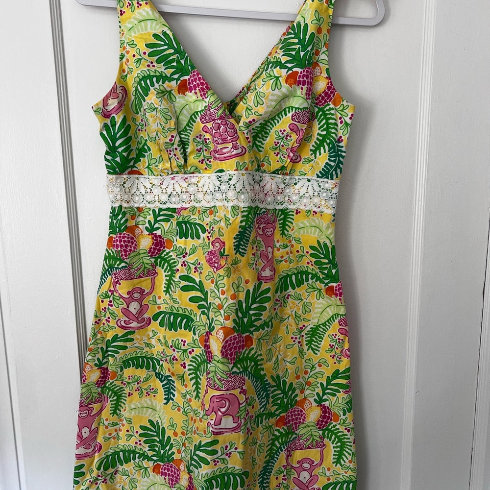 Lilly Pulitzer VINTAGE Yellow Tropical V-Neck Mini Dress with Pink & Green Print